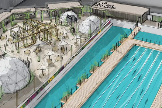 Mock up of a floating lido proposed to be built in London at Eden Dock in Canary Wharf