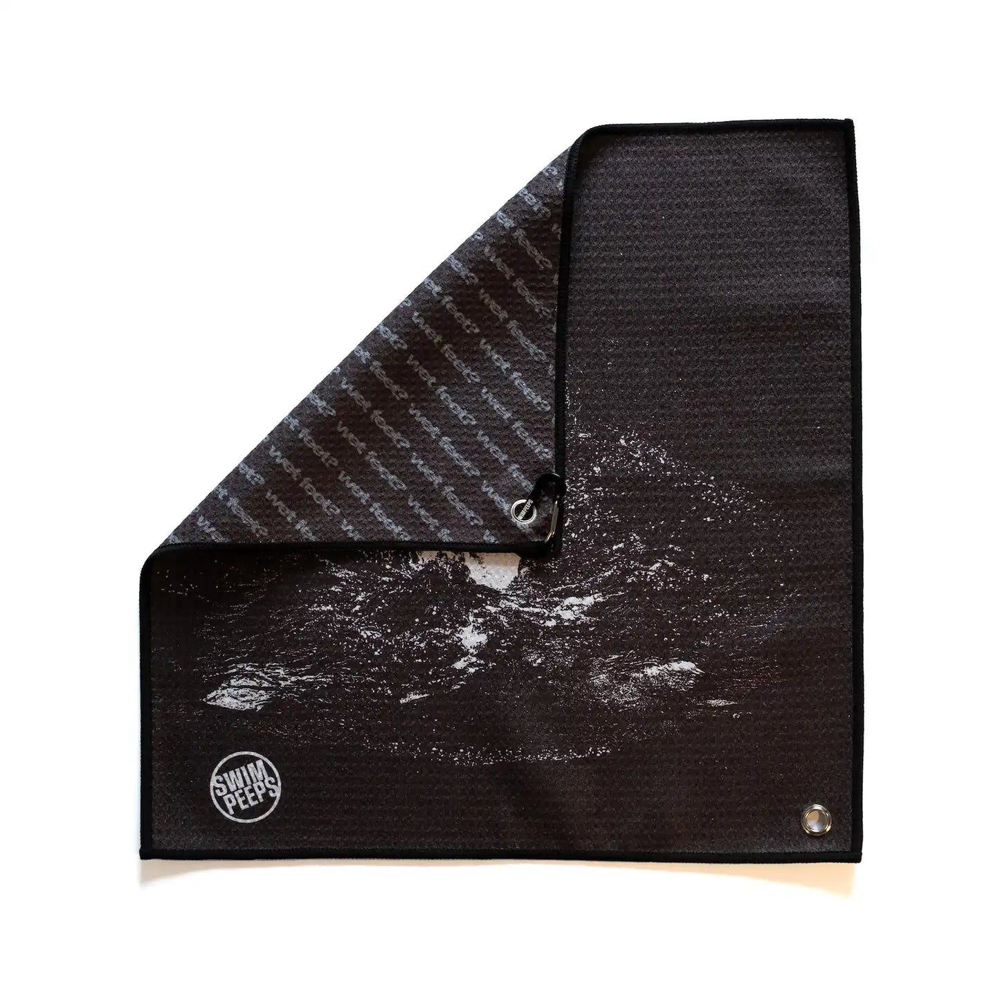 Swim Peeps Dry Step swim changing mat, black and white, front and reverse shown together on white background.