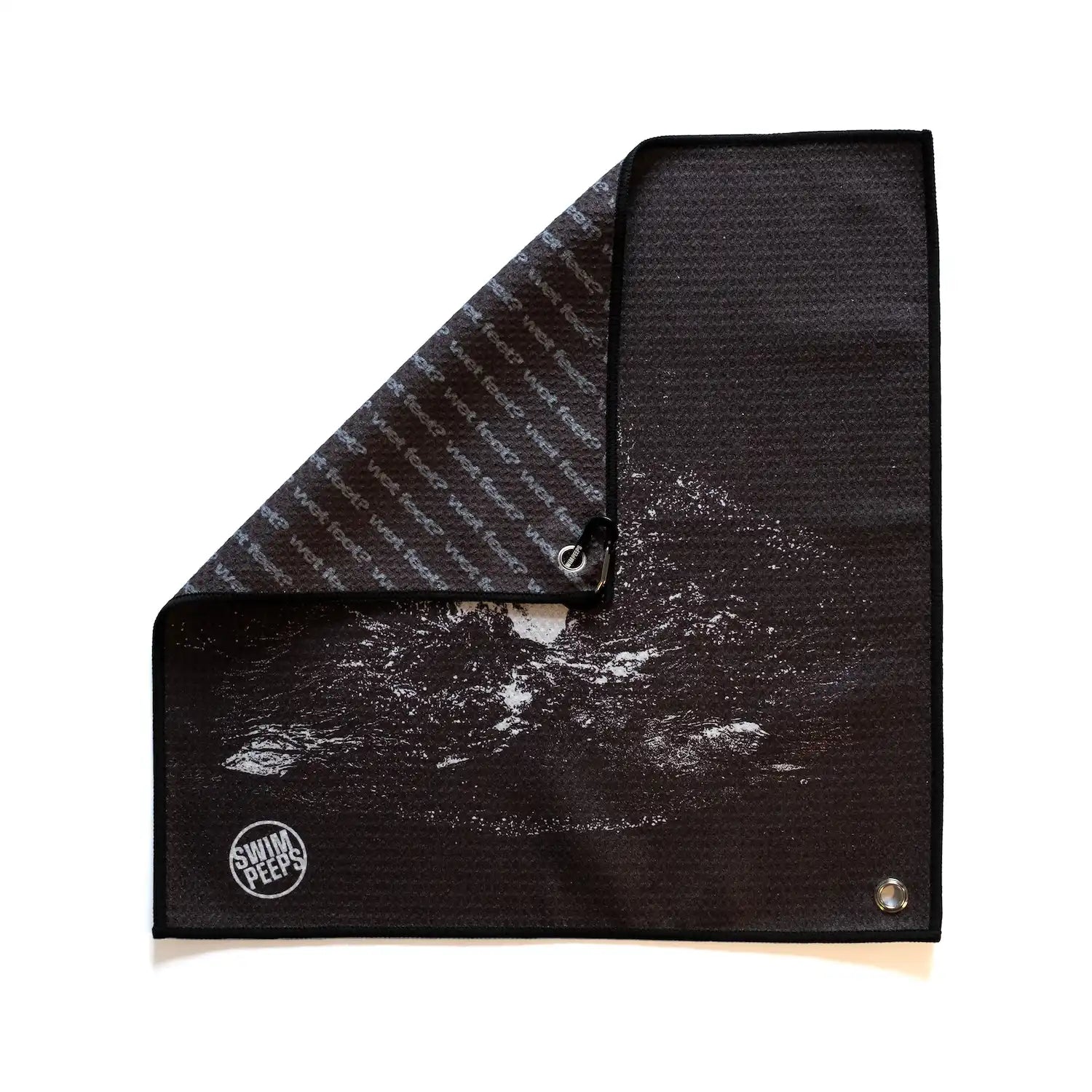 Swim Peeps Dry Step swim changing mat, black and white, front and reverse shown together on white background.