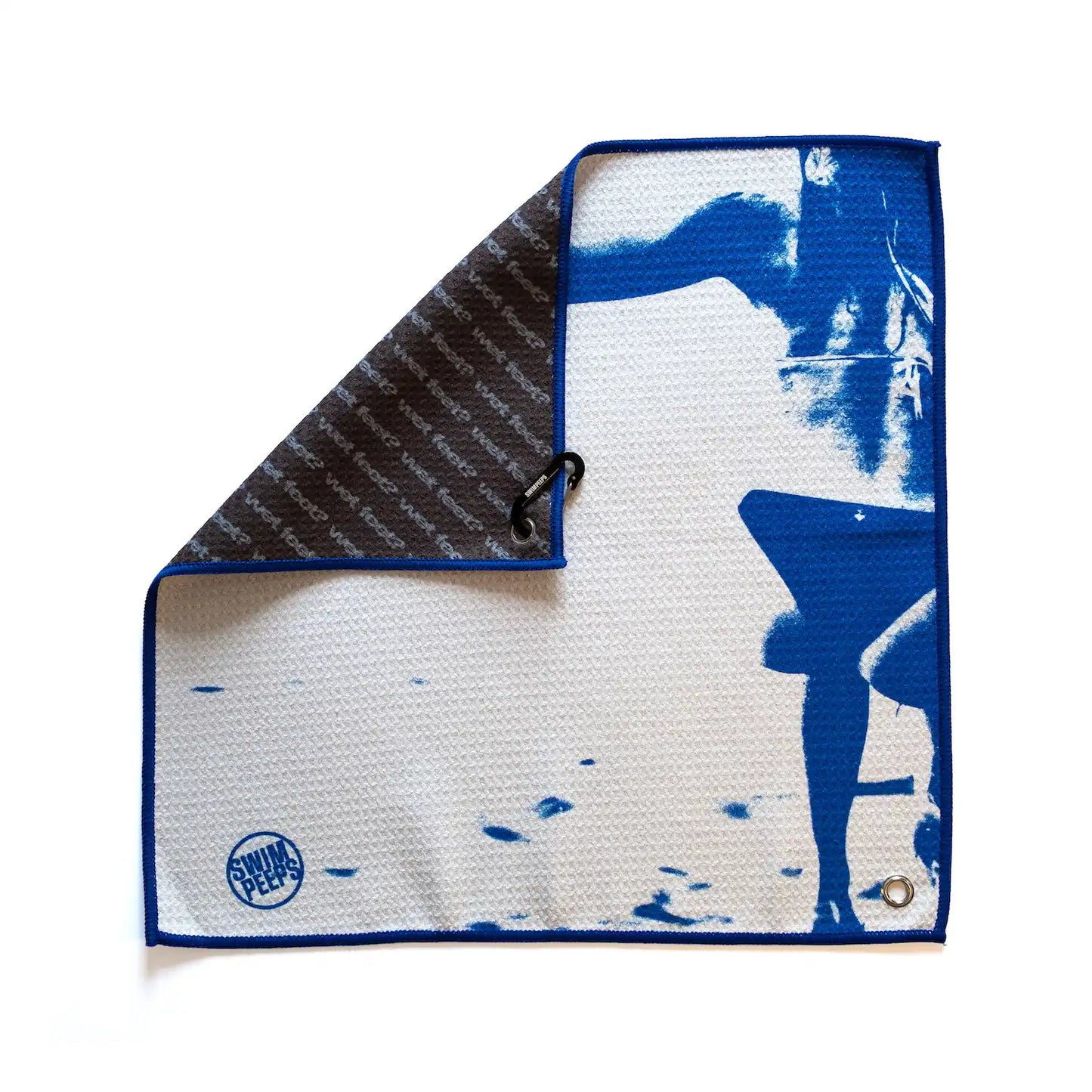 Swim Peeps Dry Step swim changing mat, blue and off-white, front and reverse shown together on white background.
