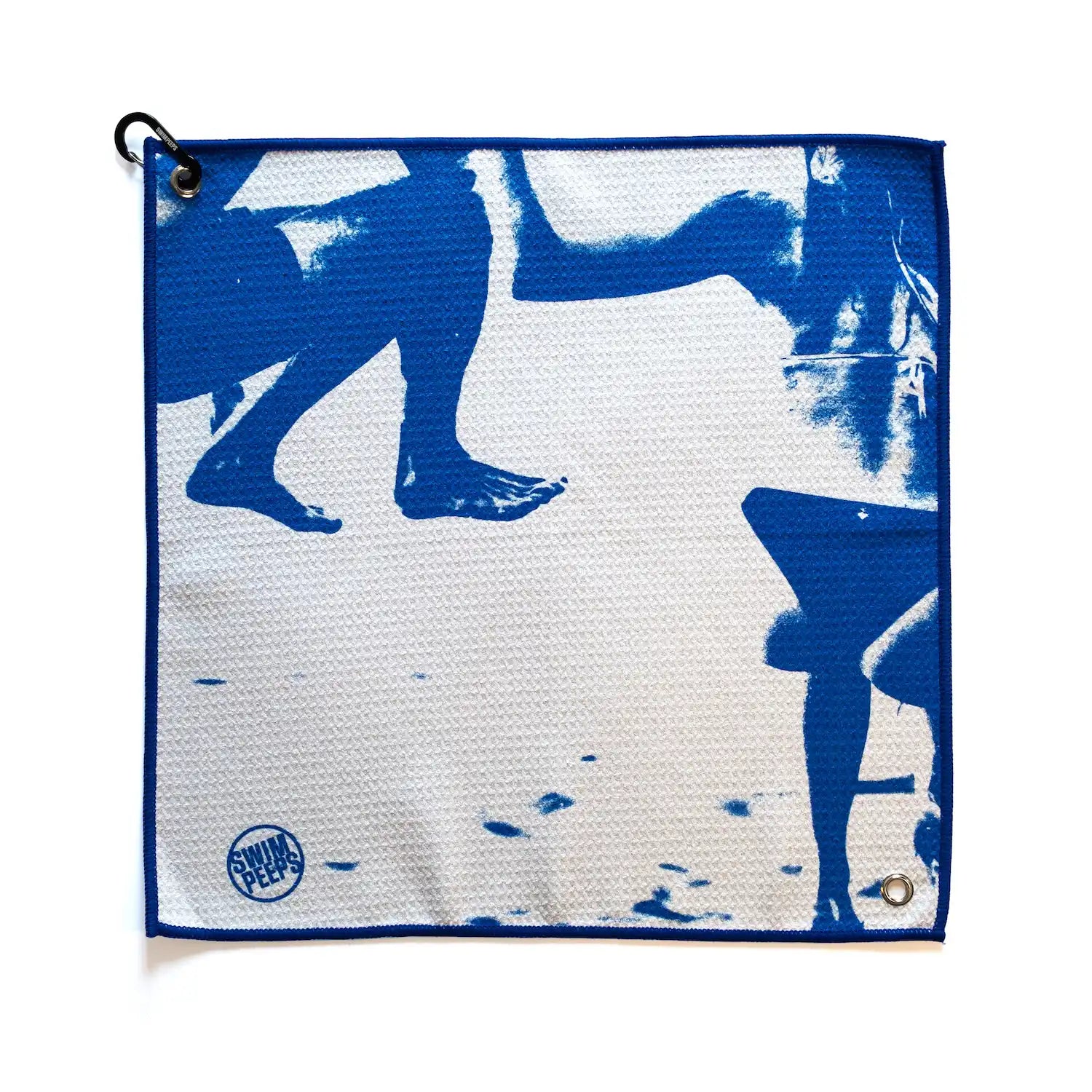 Swim Peeps Dry Step swim changing mat, blue and off-white colourway, flat product shot on white background.