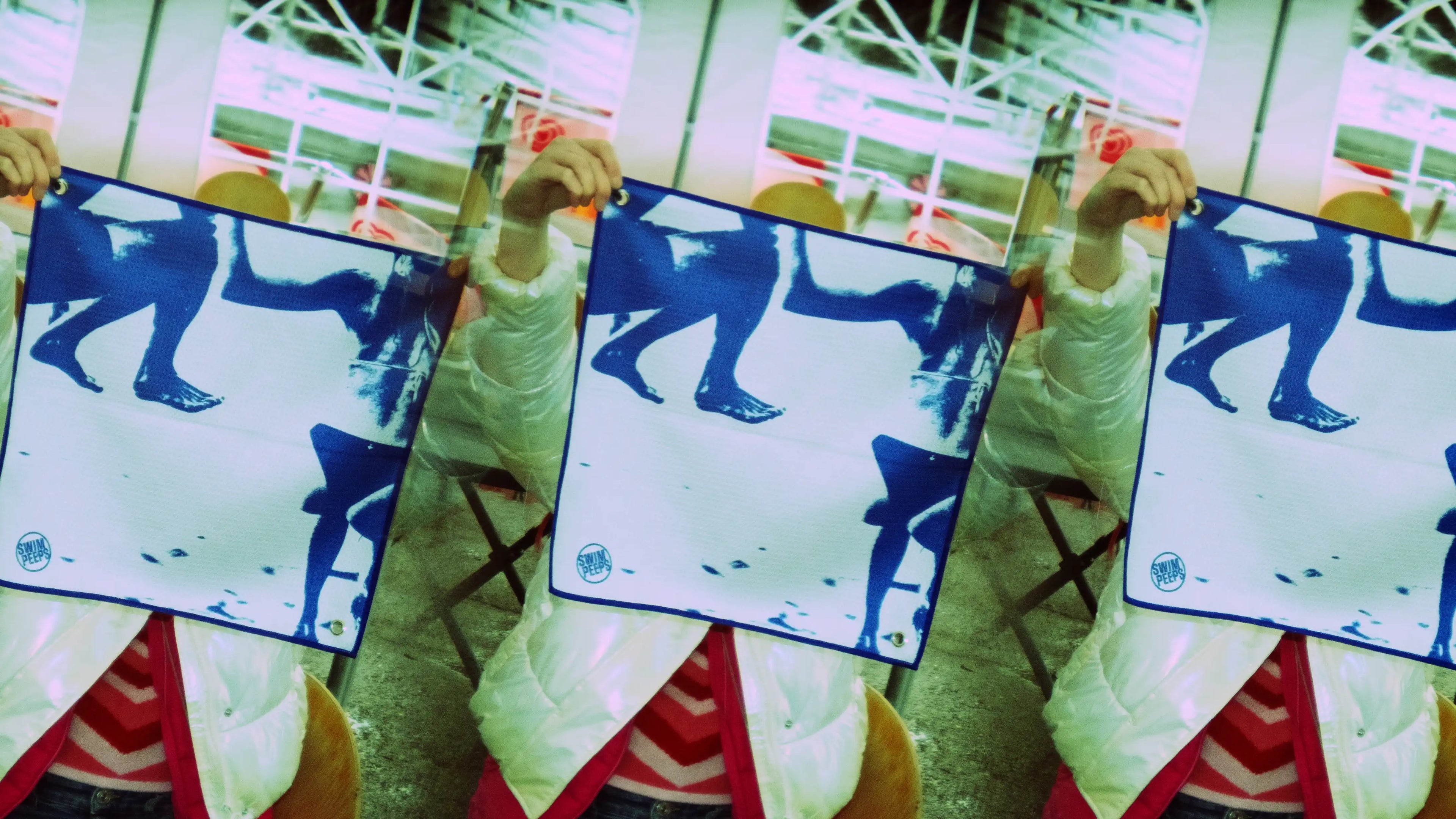Collage of swim club swimmer holding up a Dry Step Swim Changing Mat