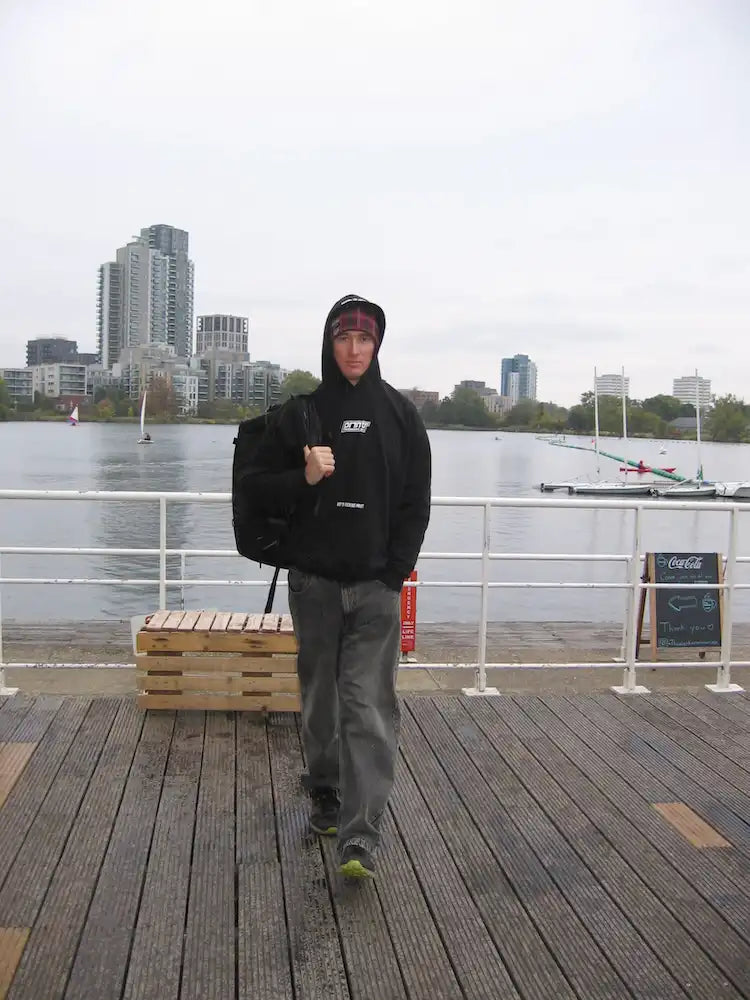 Swim club member posing after a cold water swim
